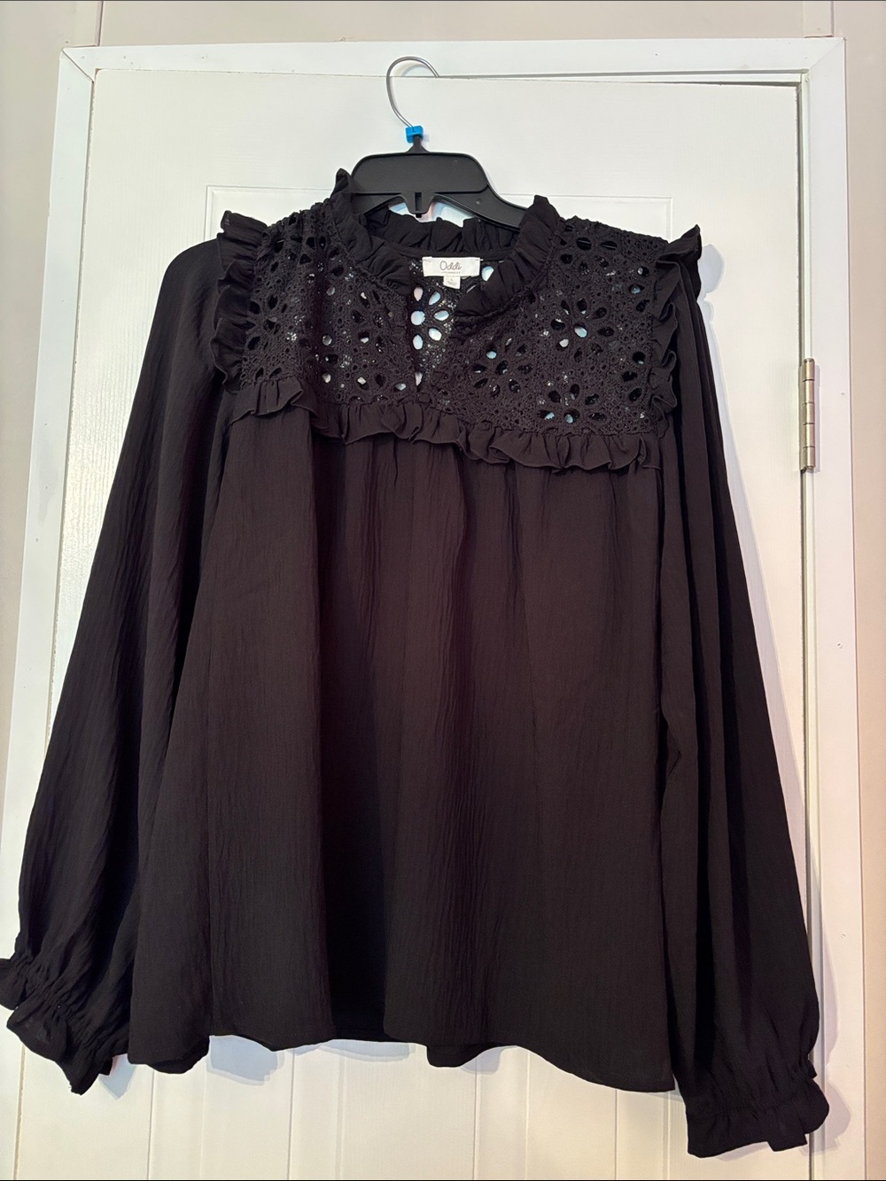 Oddi Black Crochet Yoke Ruffle Blouse - Women's